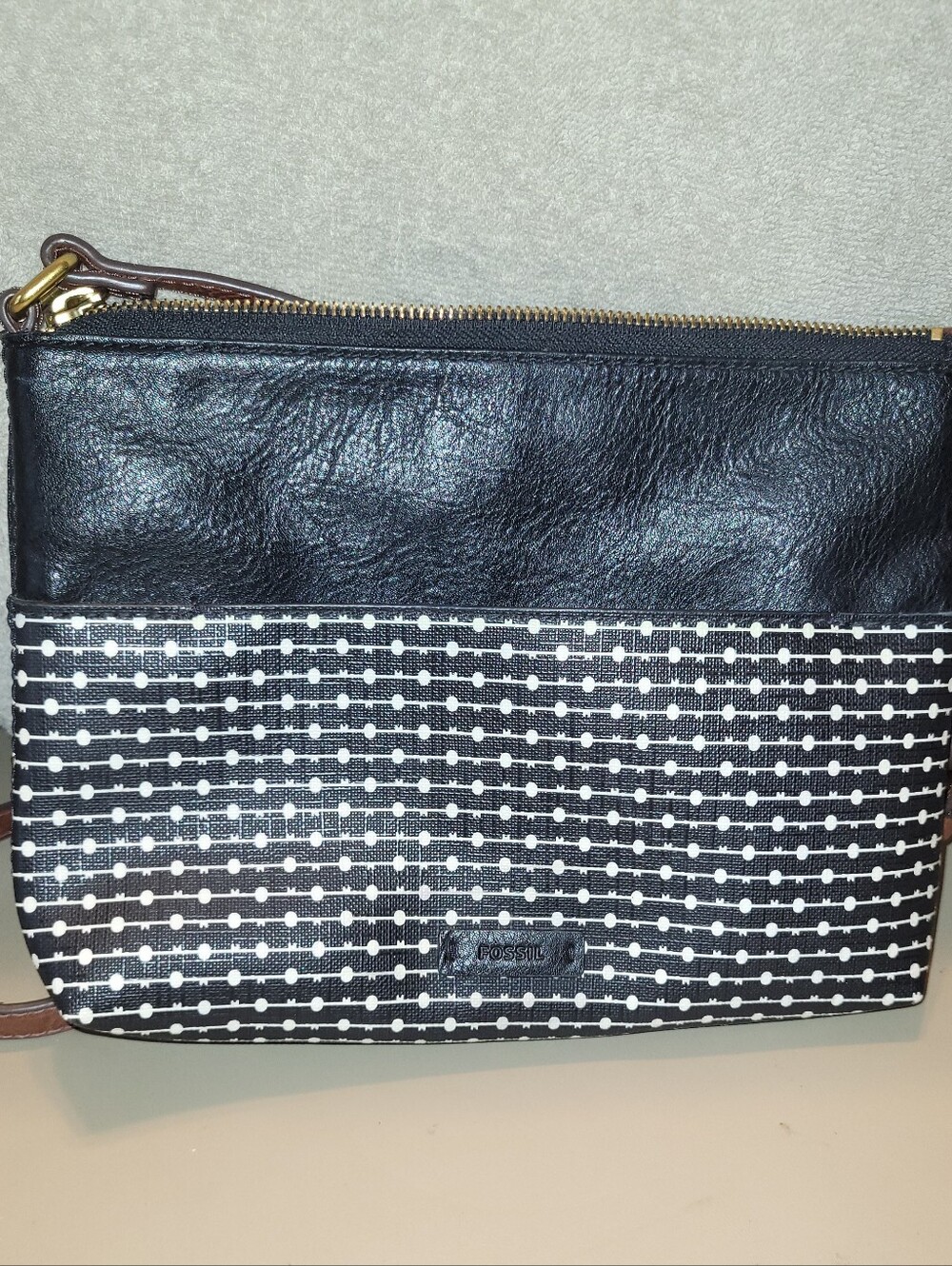 Fossil Black & White Patterned Crossbody with Brown Strap.